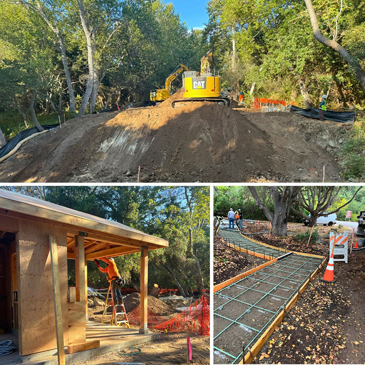 (Clockwise from top) The site for bridge reconstruction. New pedestrian walkways being built. The new entrance kiosk taking shape. Photos from California State Parks.